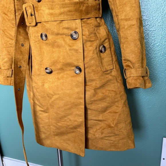 Steve Madden Suede Mustard Yellow Trench Coat Tie Waist Fitted Jacket - Picture 3 of 11